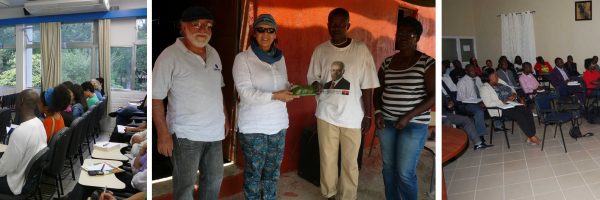 I – Samuel Aço na UFSC, palestra organizada pelo NUER, 2011 II – Profa. Ilka , acompanhada pelo prof. Aço e a antropóloga Teresa Aço, visitam o Namibe e levam os resultados da pesquisa para o Soba Beiapé de Njambassana, Tombwa, 2012. III – Reunião com administrador do Tombwa e professores. (Fotos: Acervo NUER)